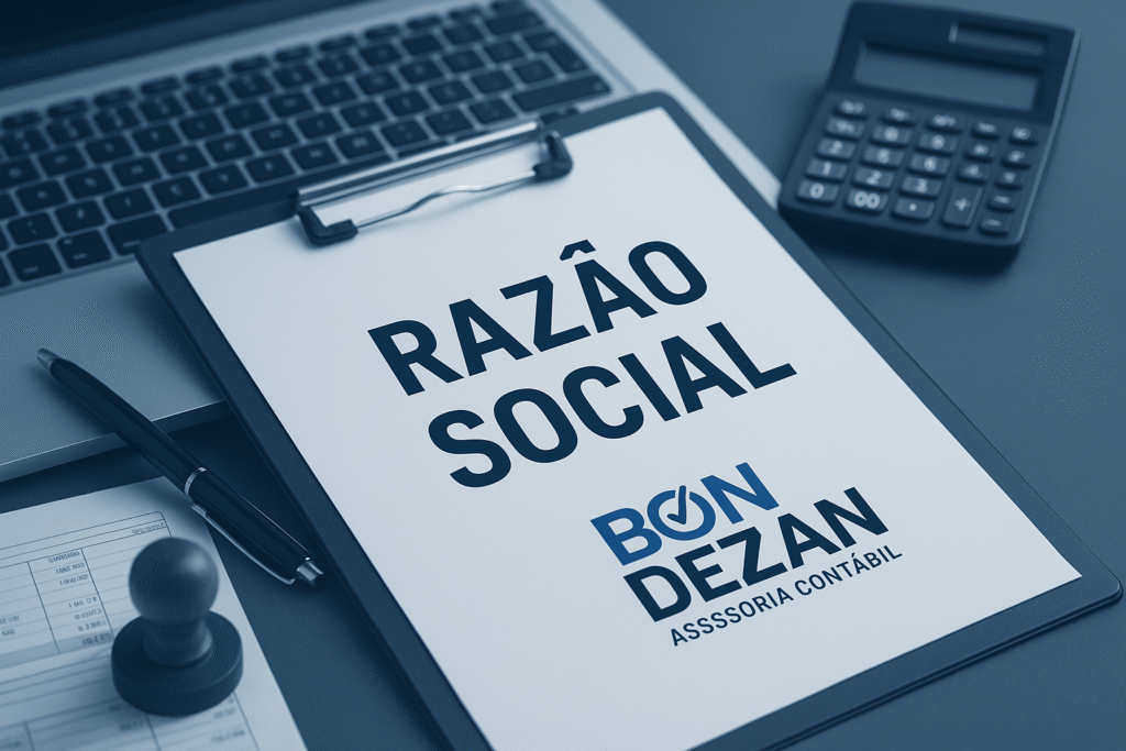 Empresário preenchendo documentos legais com o nome da empresa no contrato social