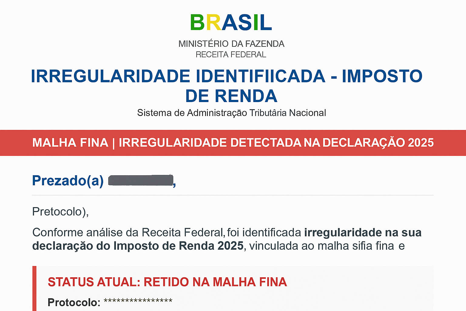 Imagem simulando e-mail falso da Receita Federal sobre suposta malha fina no IRPF 2025, com nome e dados ocultos.